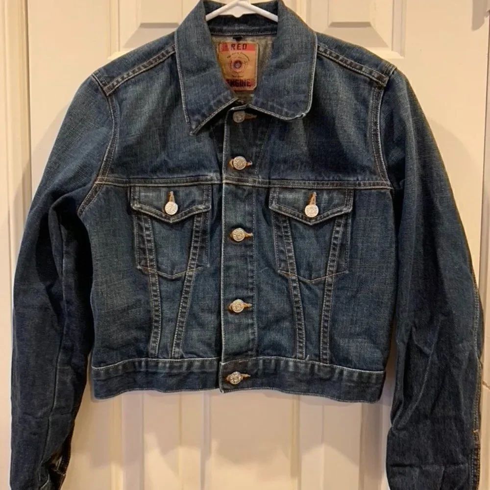 Red Engine Cropped Long Sleeve Jean Jacket